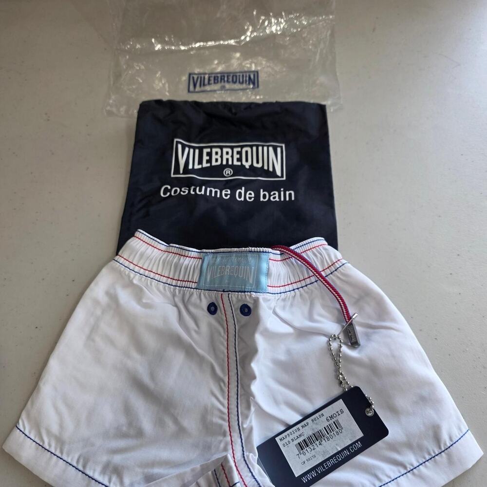 Vilebrequin white swim shorts with red/blue piping, size 6 months swimwear kids
